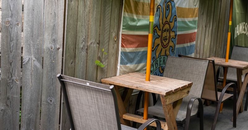 Patio, tables and seats, closeup