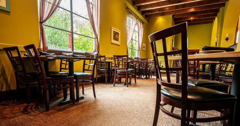 Interior, seating area with the large windows