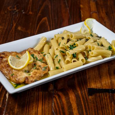 Lemon Garlic Chicken with rigatoni pasta.