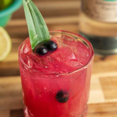 Blueberry Basil cocktail garnished with blueberries and pineapple stalk.