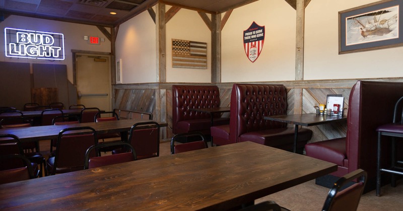 Interior, lined up tables and booths