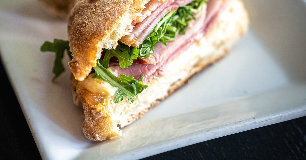 Ham and Brie sandwich, close-up