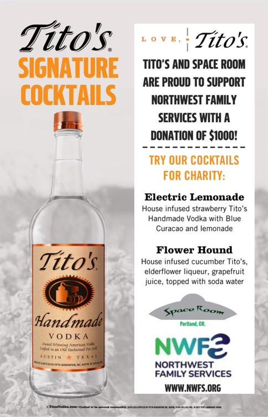 TITOS & SPACE ROOM SUPPORT NW FAMILY SERVICES, FOR THE ENTIRE MONTH OF MARCH AND APRIL! event photo