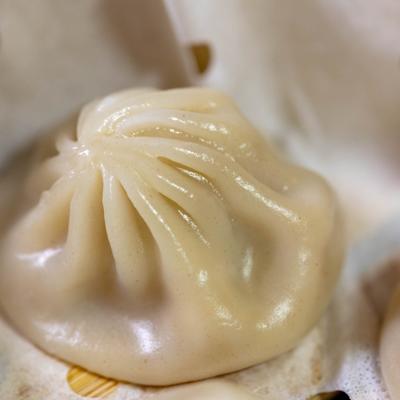 Close-up of a steamed dumpling.