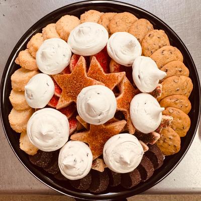 Assorted cookie and treat platter, top view.
