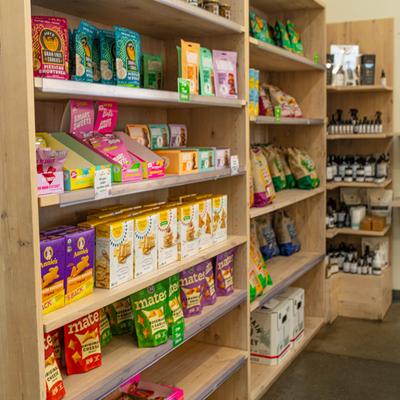 Packed goods on shelves.