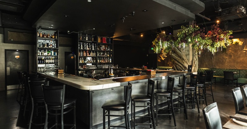 Interior, bar area, marble top bar with padded stools, large drink shelf behind the bar