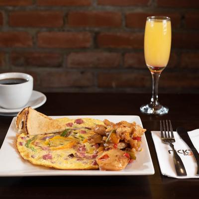 Omelet with orange juice and coffee.