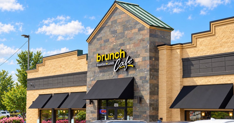 Exterior, front of restaurant, entrance, sign, angle view