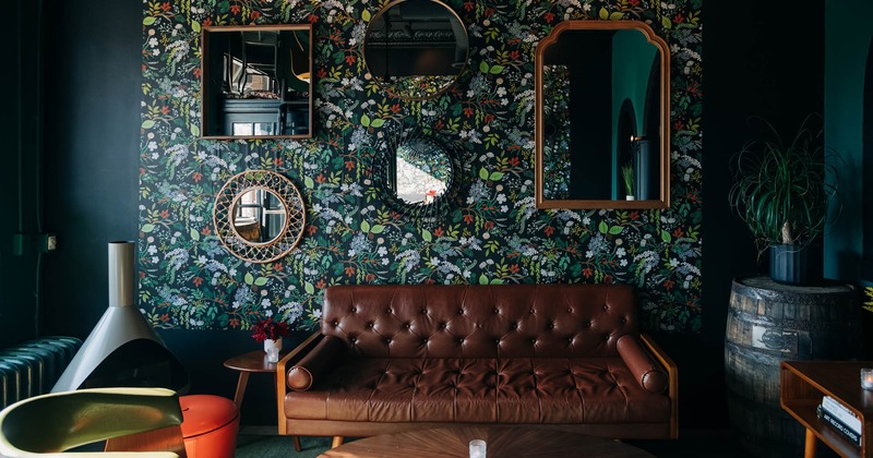 Interior, a brown leather sofa and a table