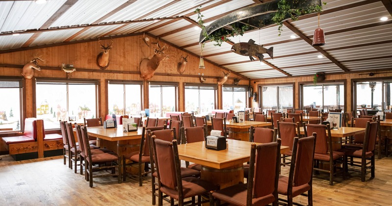 Interior, seating area with big windows in the back