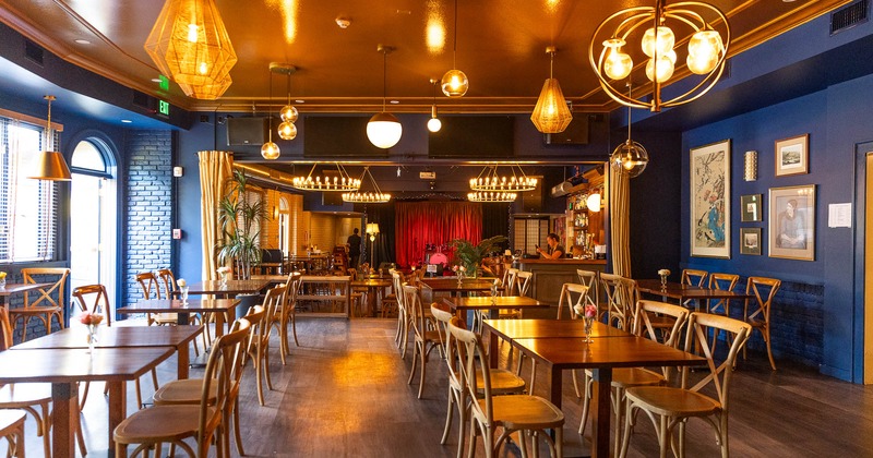 Interior, lined up tables and chairs