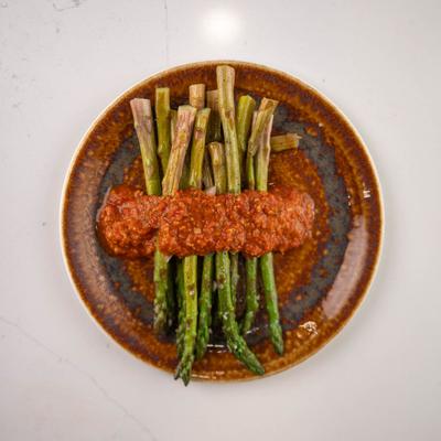 Asparagus with smoky romesco.
