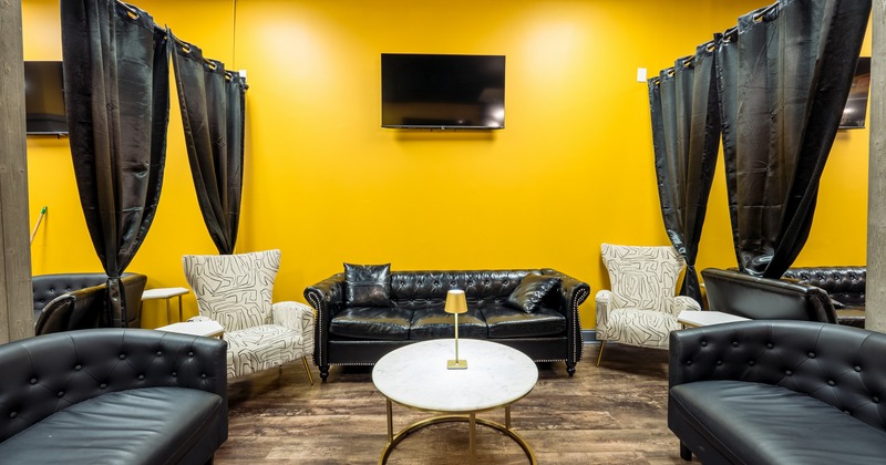 Seating area with leather couches