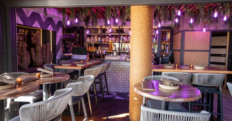 Interior, dining area, bar, hanging greenery, rope-wrapped column, set tables, bar