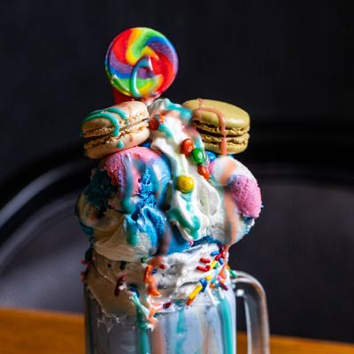 Cotton candy shake with decorations.