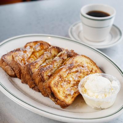 French toast, with cream cheese and coffee