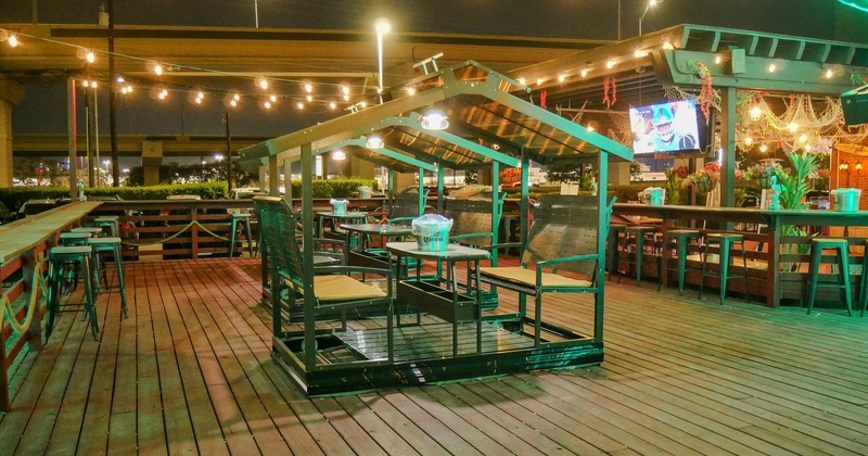 Outdoor seating area at night