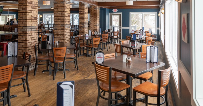 Interior, wide open view of a seating area