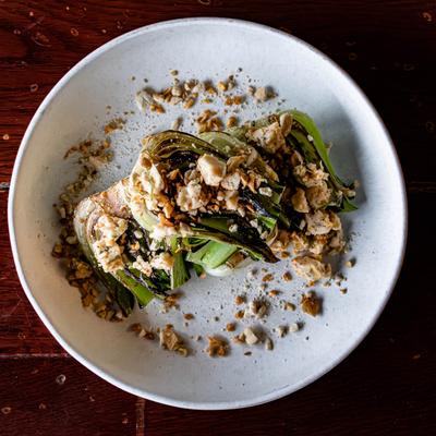 Bok Choy with fried garlic, cashews and scallion pepper butter.