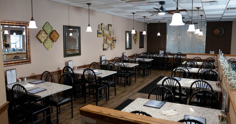 Interior, tables and chairs lined up