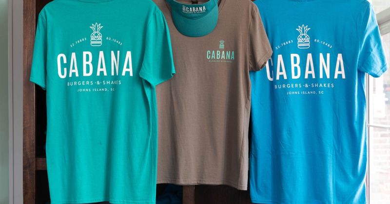 Cabana Burgers and Shakes, merchandise t- shirts and a visor cap