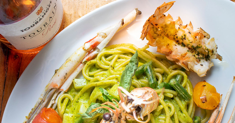 Spaghetti alla Pesto with Langoustine top view