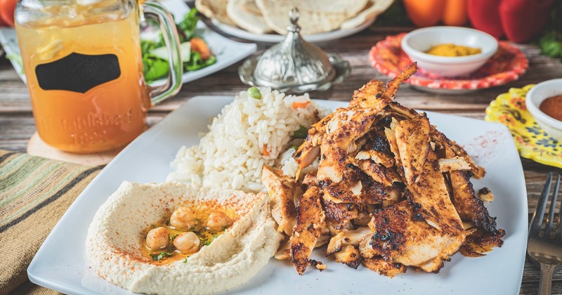 Chicken shawarma, with hummus, and rice