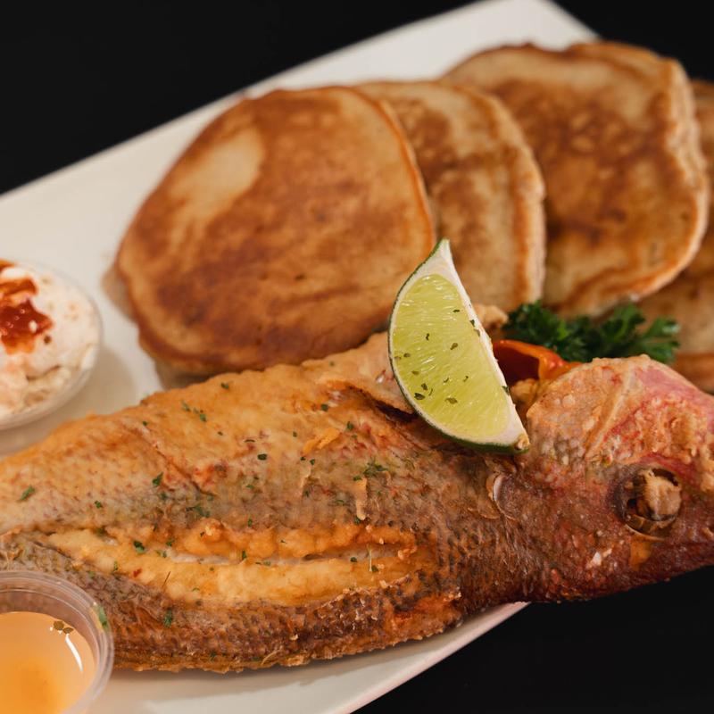 menu item 9 of 12, Banana Pancakes (4) and Fried Fish