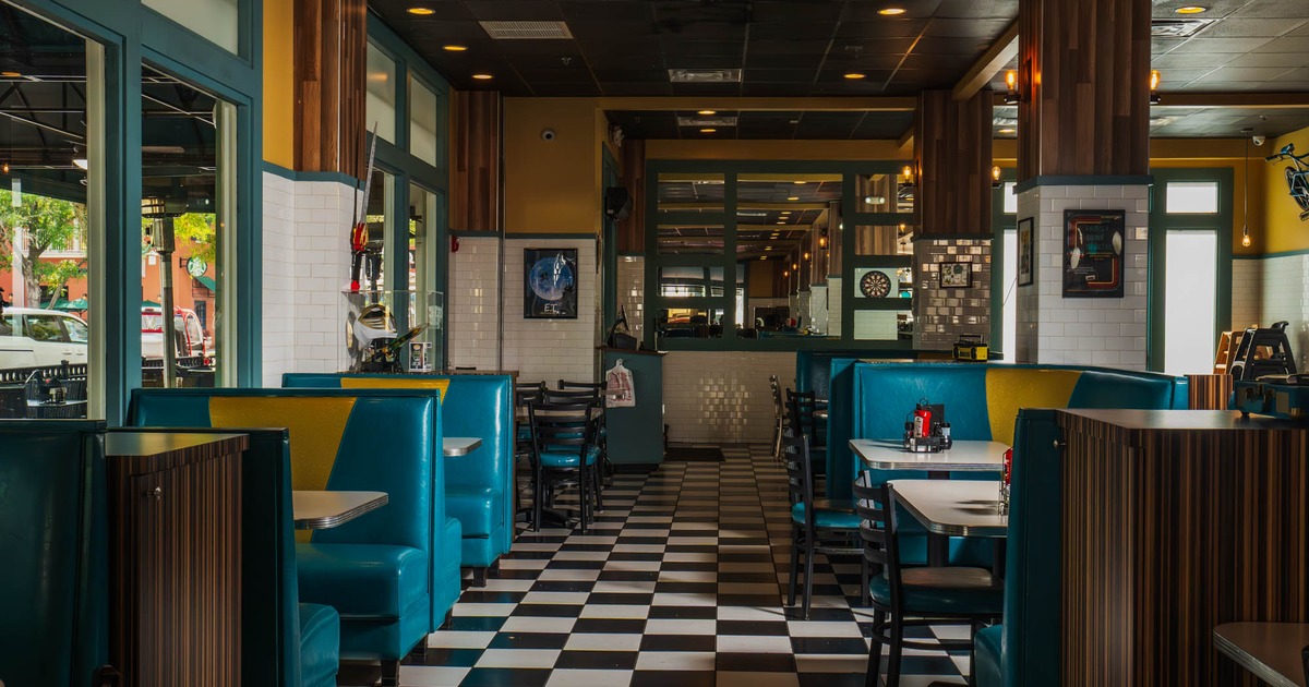 The interior space, booths, tables