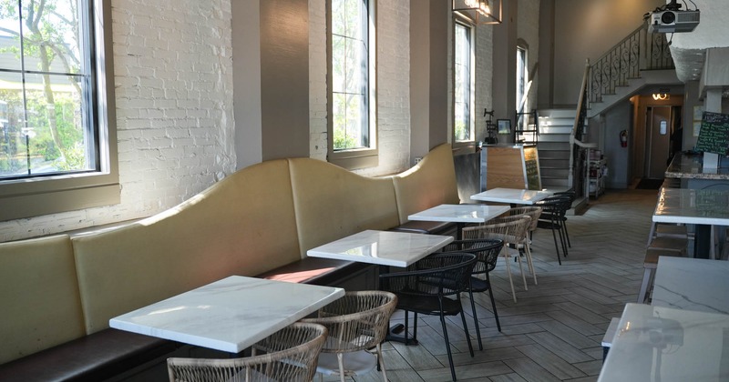 Interior, leather bench seats and tables