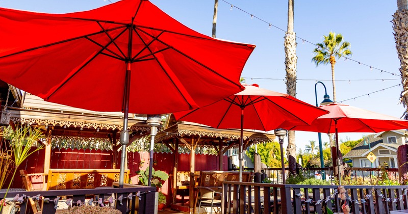 Exterior, seating area with red parasols