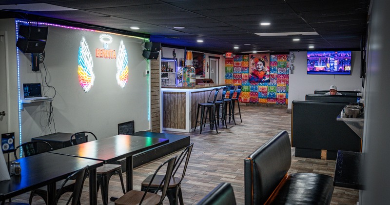 Interior, diner area, bar behind