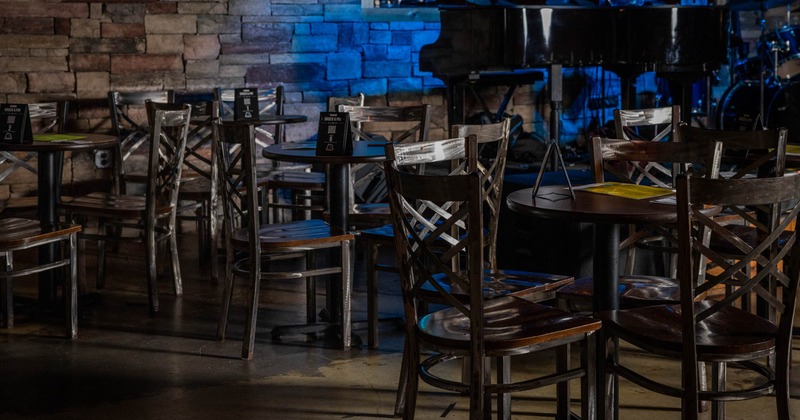 Interior, wooden tables and chairs