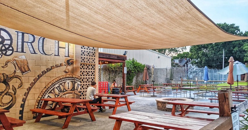 Exterior, covered seating area, picnic tables