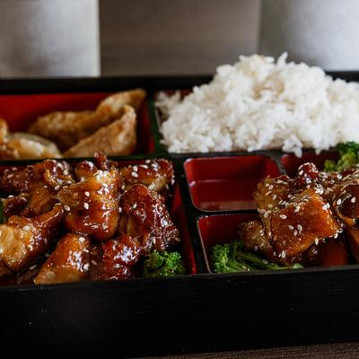 Chicken Teriyaki with rice, broccoli, and dumplings.
