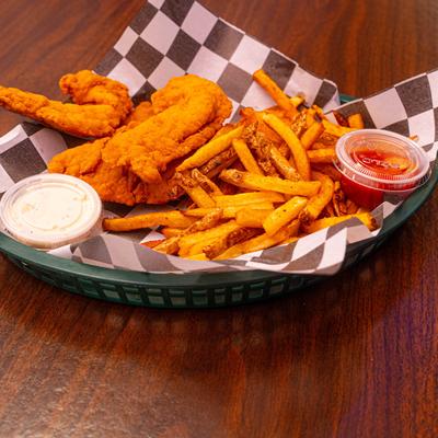 Fried chicken strips with fries and dipping sauces.