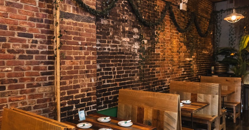 Interior, booth area, tables ready for guests