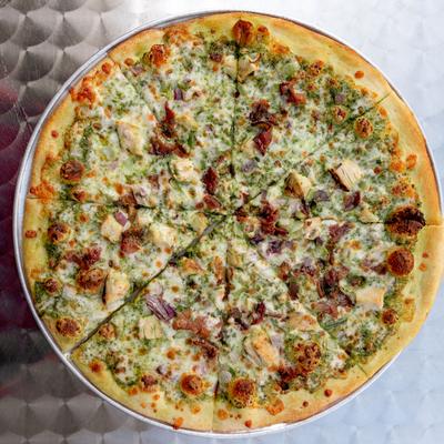 Pesto Pizza, top view.