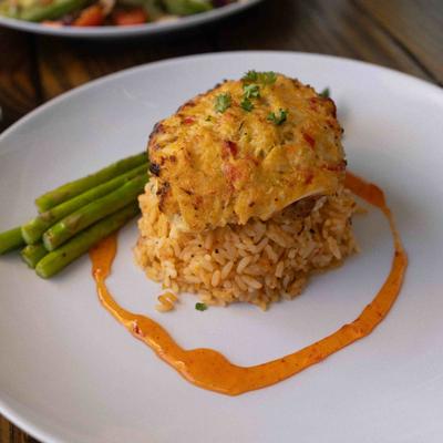 Crab Topped Mahi Mahi plate.