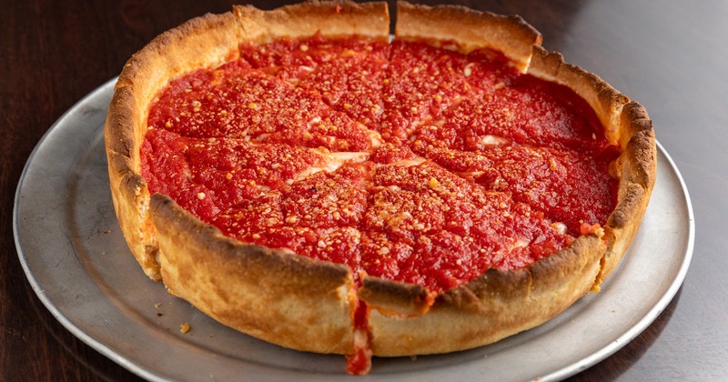 Chicago deep dish pizza, angled view