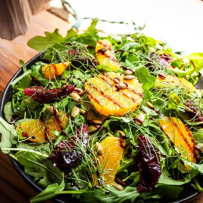 Fennel citrus salad, served, top view.