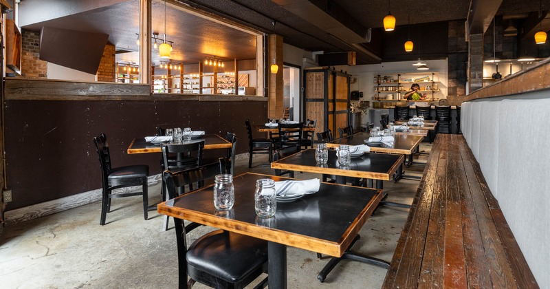 Interior, long bench in dining area