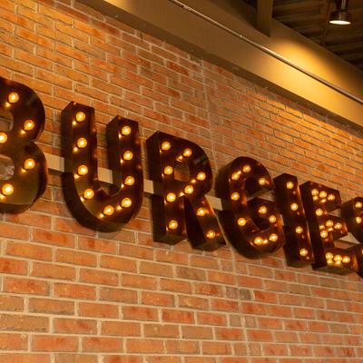 Interior, Burgie's sign on the wall in the seating area