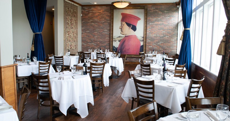 Interior, wide view, tables and chairs