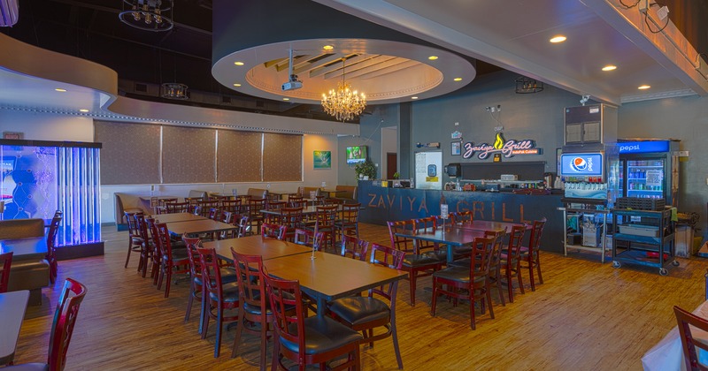 Restaurant interior, seating area and order counter