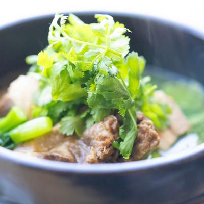 Oxtail Soup, with pork belly, corned beef, peanuts, and mushrooms.