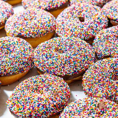 Chocolate frosted donuts covered in rainbow sprinkles.