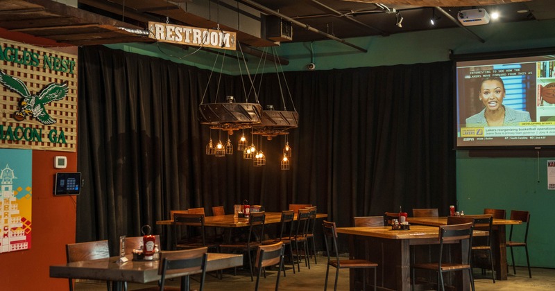 Interior, seating area with tables and chairs