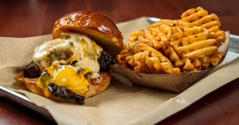 Brisket Sandwich and waffle fries